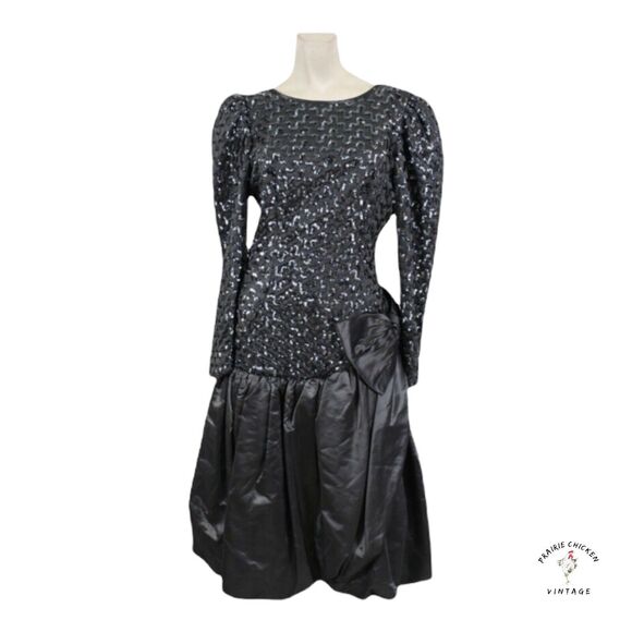 S / M Vintage 80s Silver Sequined Dress with puff skirt 33-27-36 Big Bow - Picture 1 of 5